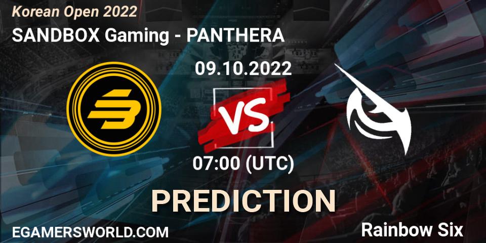Prognose für das Spiel SANDBOX Gaming VS PANTHERA. 09.10.2022 at 07:00. Rainbow Six - Korean Open 2022