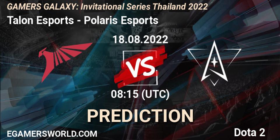 Prognose für das Spiel Talon Esports VS Polaris Esports. 18.08.2022 at 07:55. Dota 2 - GAMERS GALAXY: Invitational Series Thailand 2022