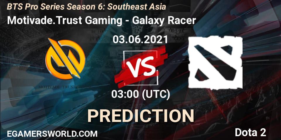 Prognose für das Spiel Motivade.Trust Gaming VS Galaxy Racer. 03.06.2021 at 03:00. Dota 2 - BTS Pro Series Season 6: Southeast Asia