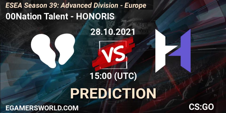 Prognose für das Spiel 00Nation Talent VS HONORIS. 28.10.2021 at 15:00. Counter-Strike (CS2) - ESEA Season 39: Advanced Division - Europe