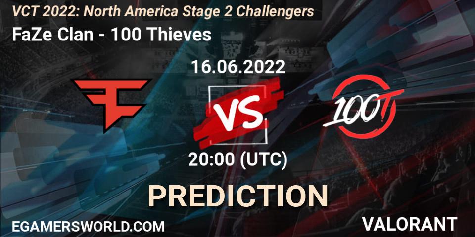 Prognose für das Spiel FaZe Clan VS 100 Thieves. 16.06.2022 at 20:20. VALORANT - VCT 2022: North America Stage 2 Challengers