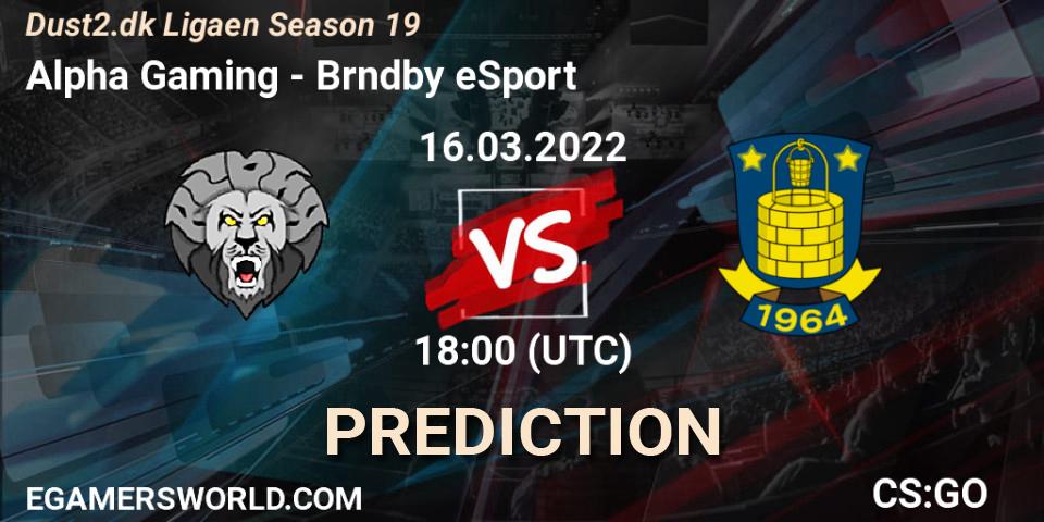 Prognose für das Spiel Alpha Gaming VS Brøndby eSport. 16.03.2022 at 18:00. Counter-Strike (CS2) - Dust2.dk Ligaen Season 19