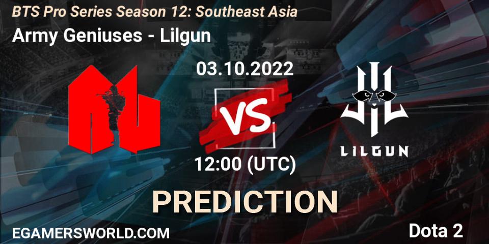 Prognose für das Spiel Army Geniuses VS Lilgun. 03.10.2022 at 13:00. Dota 2 - BTS Pro Series Season 12: Southeast Asia