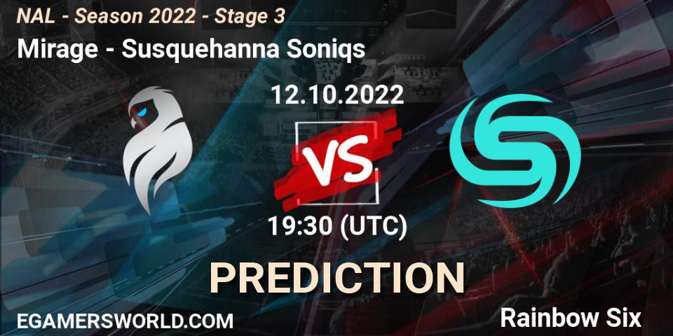 Prognose für das Spiel Mirage VS Susquehanna Soniqs. 12.10.2022 at 19:30. Rainbow Six - NAL - Season 2022 - Stage 3