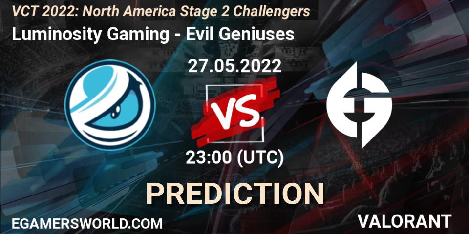 Prognose für das Spiel Luminosity Gaming VS Evil Geniuses. 27.05.2022 at 22:40. VALORANT - VCT 2022: North America Stage 2 Challengers