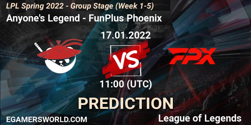 Prognose für das Spiel Anyone's Legend VS FunPlus Phoenix. 17.01.22. LoL - LPL Spring 2022 - Group Stage (Week 1-5)