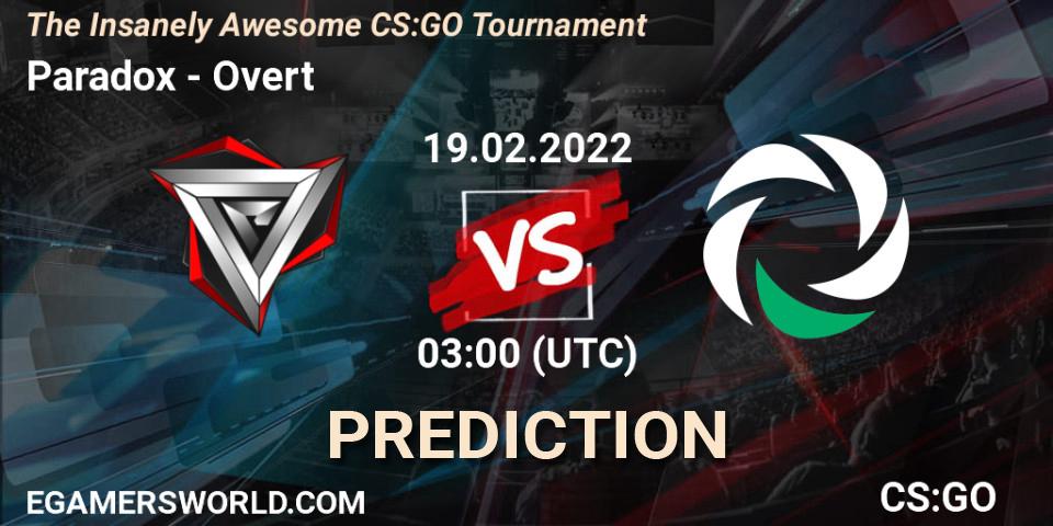 Prognose für das Spiel Paradox VS Overt. 19.02.2022 at 02:30. Counter-Strike (CS2) - The Insanely Awesome CS:GO Tournament