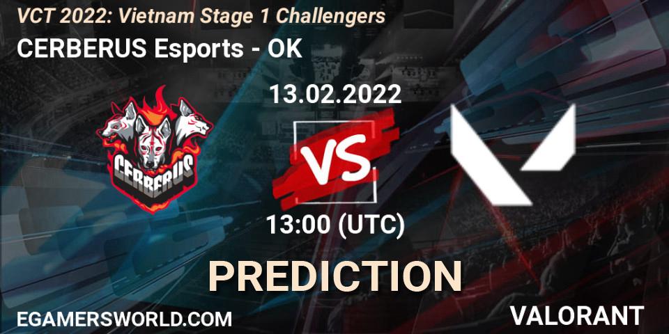 Prognose für das Spiel CERBERUS Esports VS OK. 13.02.2022 at 13:00. VALORANT - VCT 2022: Vietnam Stage 1 Challengers