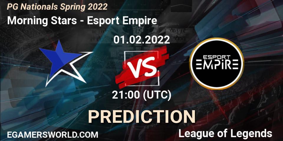 Prognose für das Spiel Morning Stars VS Esport Empire. 01.02.2022 at 21:00. LoL - PG Nationals Spring 2022
