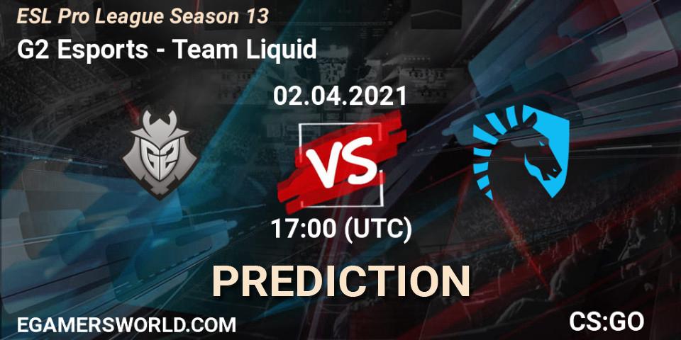 Prognose für das Spiel G2 Esports VS Team Liquid. 02.04.2021 at 17:00. Counter-Strike (CS2) - ESL Pro League Season 13