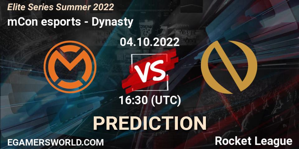 Prognose für das Spiel mCon esports VS Dynasty. 04.10.2022 at 16:30. Rocket League - Elite Series Summer 2022