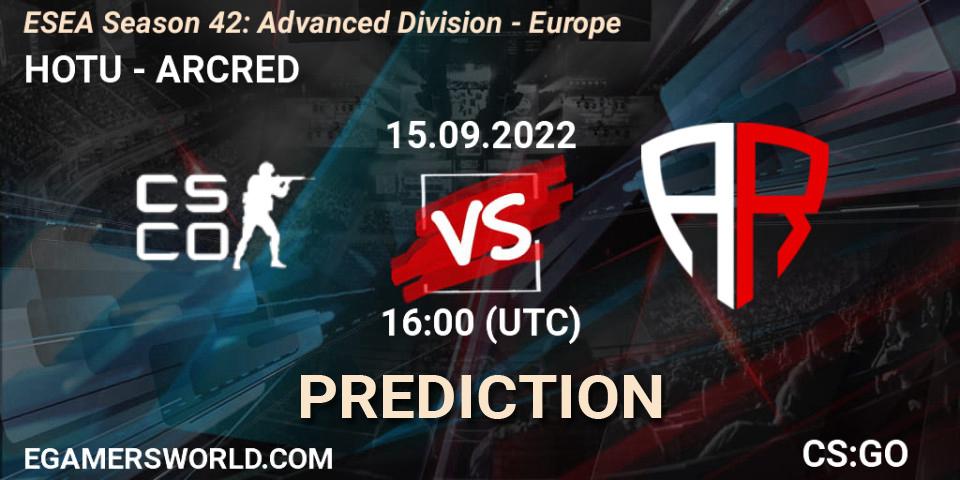 Prognose für das Spiel HOTU VS ARCRED. 15.09.2022 at 16:00. Counter-Strike (CS2) - ESEA Season 42: Advanced Division - Europe