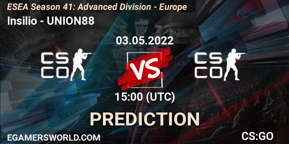 Prognose für das Spiel Insilio VS UNION88. 03.05.2022 at 15:00. Counter-Strike (CS2) - ESEA Season 41: Advanced Division - Europe