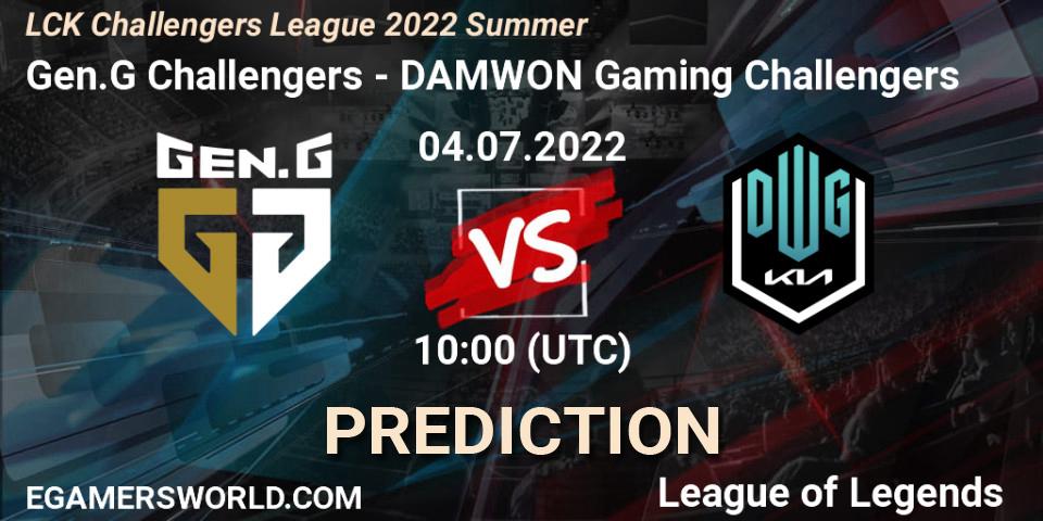 Prognose für das Spiel Gen.G Challengers VS DAMWON Gaming Challengers. 04.07.2022 at 10:00. LoL - LCK Challengers League 2022 Summer