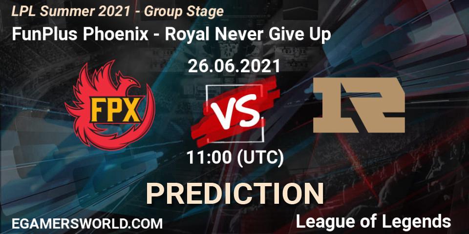 Prognose für das Spiel FunPlus Phoenix VS Royal Never Give Up. 26.06.21. LoL - LPL Summer 2021 - Group Stage