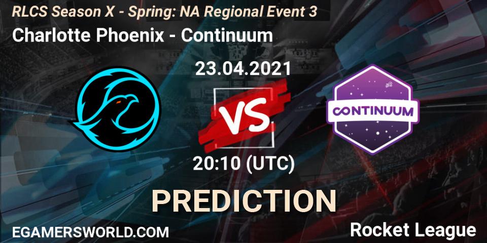 Prognose für das Spiel Charlotte Phoenix VS Continuum. 23.04.2021 at 20:50. Rocket League - RLCS Season X - Spring: NA Regional Event 3