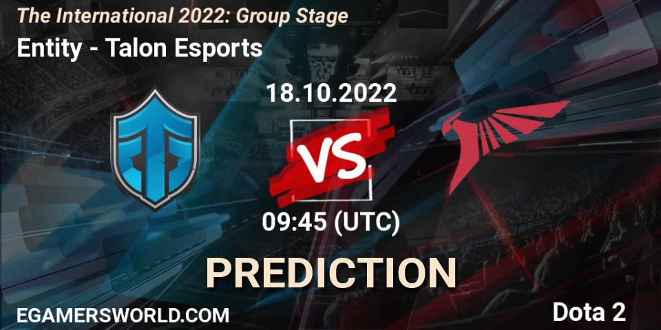 Prognose für das Spiel Entity VS Talon Esports. 18.10.2022 at 09:50. Dota 2 - The International 2022: Group Stage