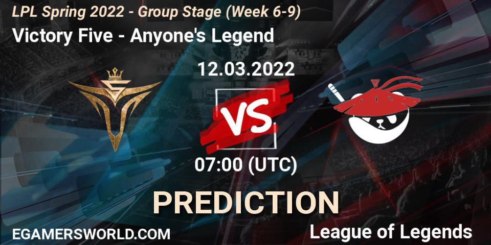 Prognose für das Spiel Victory Five VS Anyone's Legend. 23.03.22. LoL - LPL Spring 2022 - Group Stage (Week 6-9)