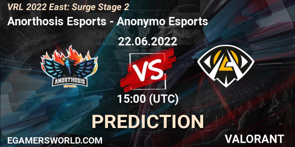Prognose für das Spiel Anorthosis Esports VS Anonymo Esports. 22.06.2022 at 15:00. VALORANT - VRL 2022 East: Surge Stage 2