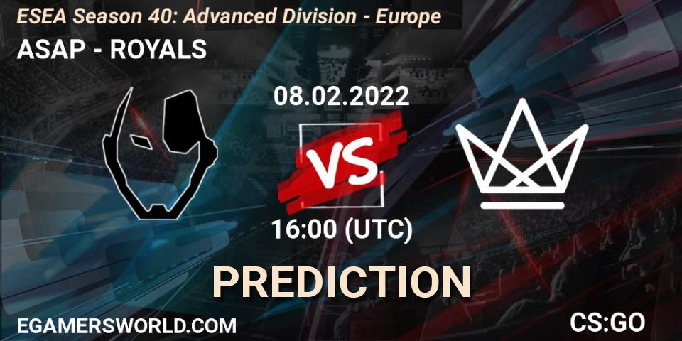 Prognose für das Spiel ASAP VS ROYALS. 08.02.2022 at 16:00. Counter-Strike (CS2) - ESEA Season 40: Advanced Division - Europe