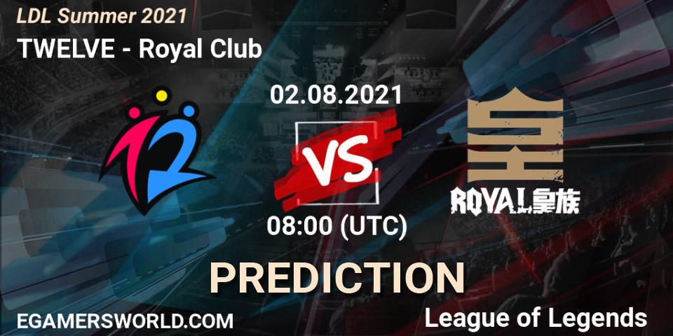Prognose für das Spiel TWELVE VS Royal Club. 02.08.2021 at 08:00. LoL - LDL Summer 2021