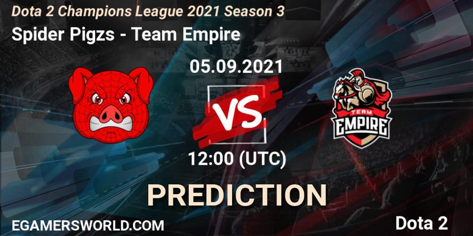 Prognose für das Spiel Spider Pigzs VS Team Empire. 05.09.2021 at 12:00. Dota 2 - Dota 2 Champions League 2021 Season 3