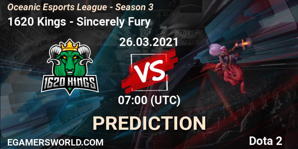 Prognose für das Spiel 1620 Kings VS Sincerely Fury. 27.03.2021 at 07:11. Dota 2 - Oceanic Esports League - Season 3