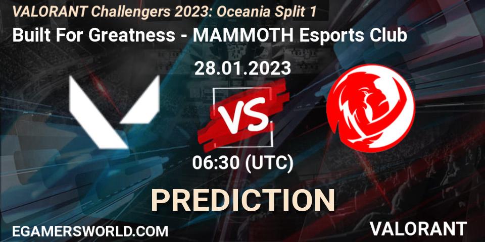 Prognose für das Spiel Built For Greatness VS MAMMOTH Esports Club. 28.01.23. VALORANT - VALORANT Challengers 2023: Oceania Split 1