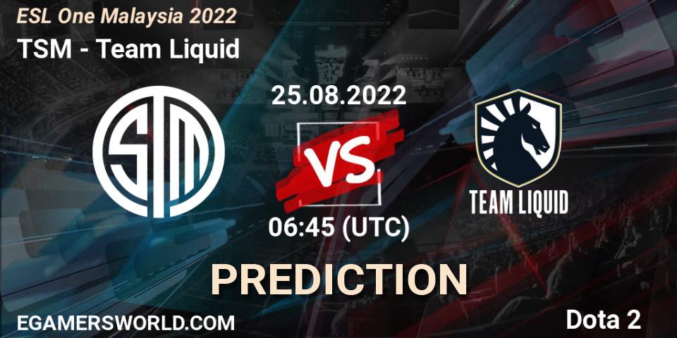 Prognose für das Spiel TSM VS Team Liquid. 25.08.22. Dota 2 - ESL One Malaysia 2022