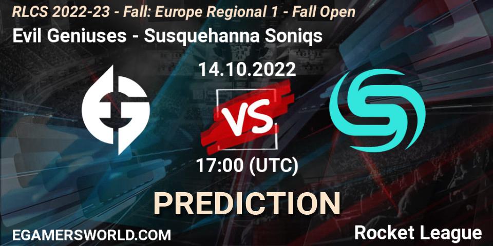 Prognose für das Spiel Evil Geniuses VS Susquehanna Soniqs. 14.10.22. Rocket League - RLCS 2022-23 - Fall: Europe Regional 1 - Fall Open