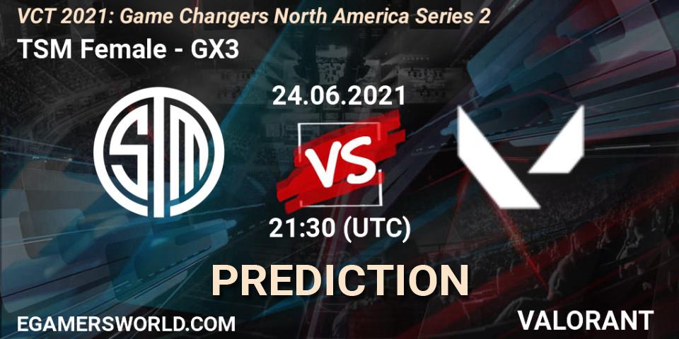 Prognose für das Spiel TSM Female VS GX3. 24.06.2021 at 21:50. VALORANT - VCT 2021: Game Changers North America Series 2