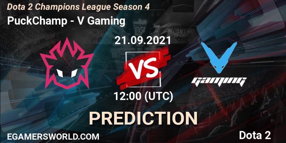 Prognose für das Spiel PuckChamp VS V Gaming. 21.09.2021 at 12:08. Dota 2 - Dota 2 Champions League Season 4