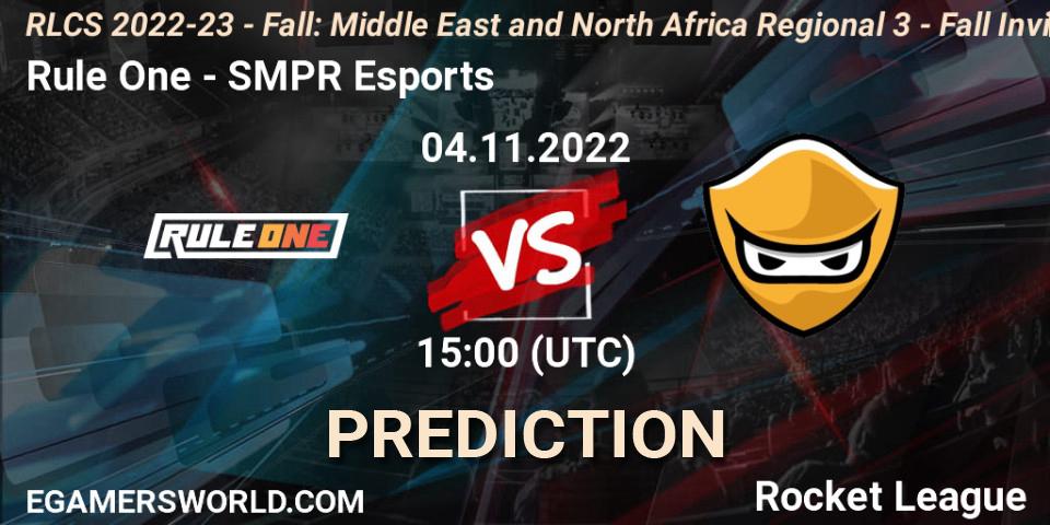 Prognose für das Spiel Rule One VS SMPR Esports. 04.11.2022 at 15:00. Rocket League - RLCS 2022-23 - Fall: Middle East and North Africa Regional 3 - Fall Invitational