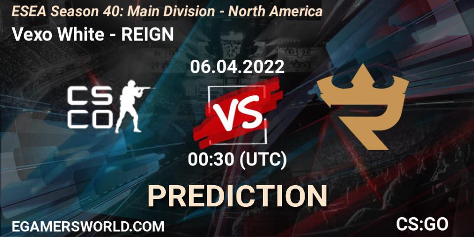 Prognose für das Spiel Vexo White VS REIGN. 06.04.2022 at 00:30. Counter-Strike (CS2) - ESEA Season 40: Main Division - North America