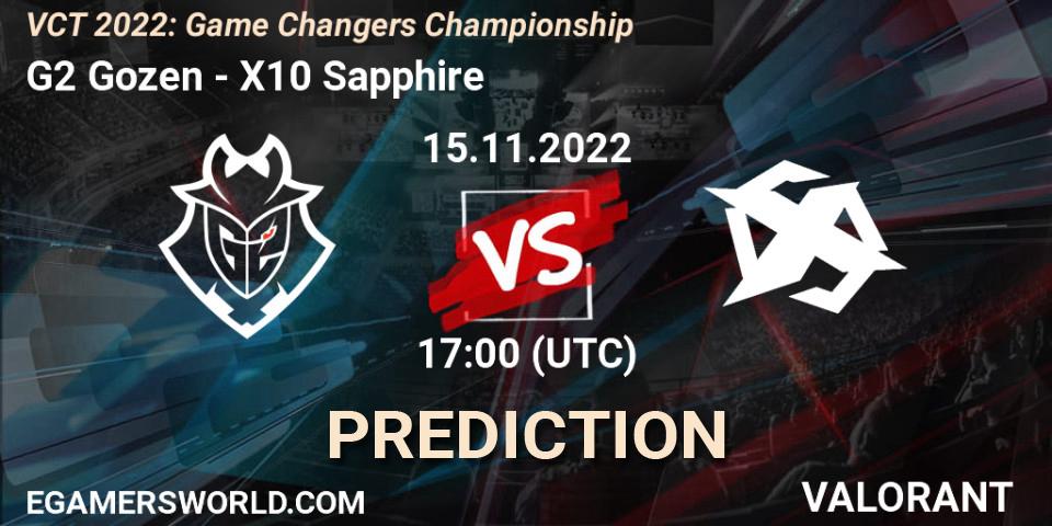 Prognose für das Spiel G2 Gozen VS X10 Sapphire. 15.11.2022 at 16:45. VALORANT - VCT 2022: Game Changers Championship