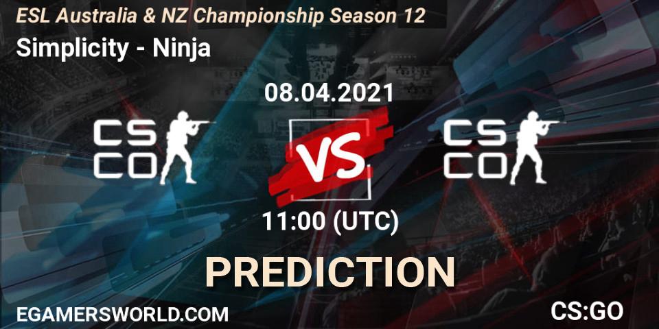 Prognose für das Spiel Simplicity VS Ninja. 08.04.2021 at 11:40. Counter-Strike (CS2) - ESL Australia & NZ Championship Season 12
