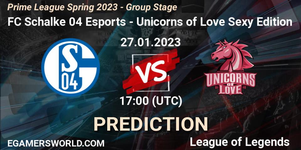 Prognose für das Spiel FC Schalke 04 Esports VS Unicorns of Love Sexy Edition. 27.01.2023 at 17:00. LoL - Prime League Spring 2023 - Group Stage