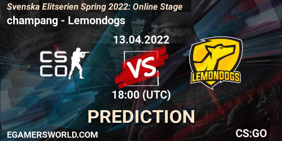 Prognose für das Spiel champang VS Lemondogs. 13.04.2022 at 18:00. Counter-Strike (CS2) - Svenska Elitserien Spring 2022: Online Stage