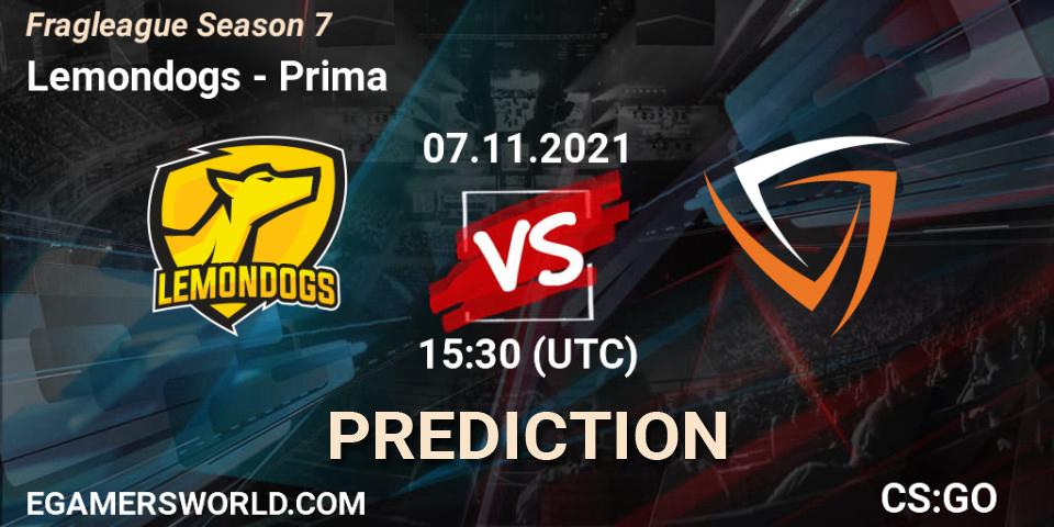 Prognose für das Spiel Lemondogs VS Prima. 10.11.2021 at 17:30. Counter-Strike (CS2) - Fragleague Season 7