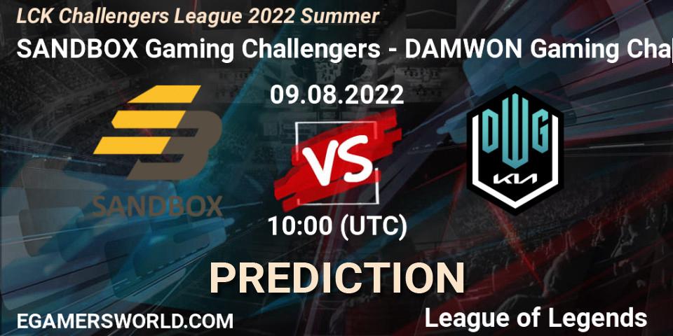 Prognose für das Spiel SANDBOX Gaming Challengers VS DAMWON Gaming Challengers. 09.08.2022 at 10:20. LoL - LCK Challengers League 2022 Summer
