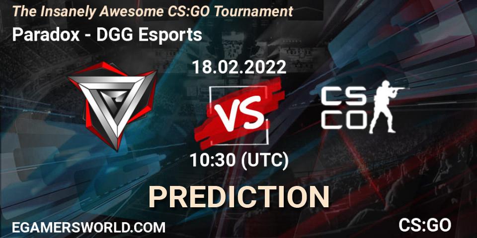 Prognose für das Spiel Paradox VS DGG Esports. 18.02.2022 at 10:30. Counter-Strike (CS2) - The Insanely Awesome CS:GO Tournament