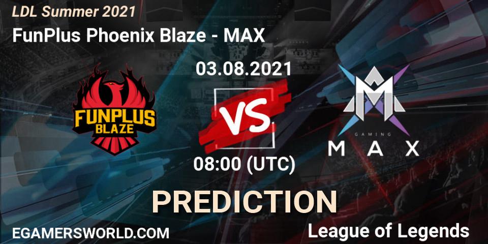 Prognose für das Spiel FunPlus Phoenix Blaze VS MAX. 03.08.2021 at 09:55. LoL - LDL Summer 2021