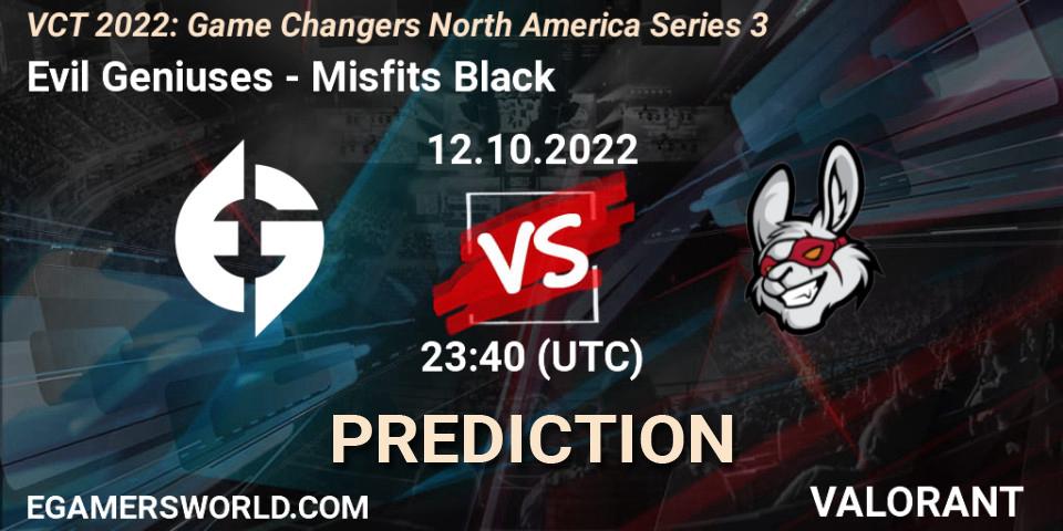 Prognose für das Spiel Evil Geniuses VS Misfits Black. 12.10.2022 at 23:45. VALORANT - VCT 2022: Game Changers North America Series 3