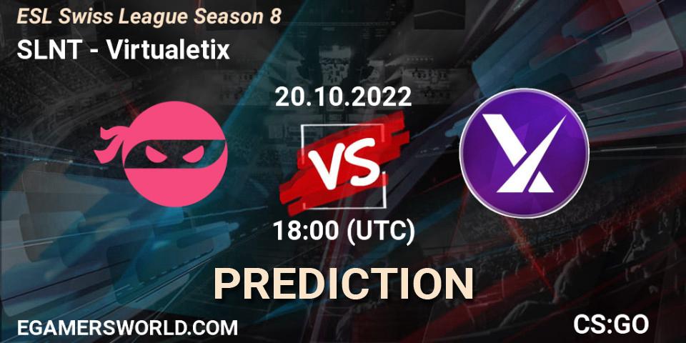 Prognose für das Spiel SLNT VS Virtualetix. 20.10.2022 at 18:00. Counter-Strike (CS2) - ESL Swiss League Season 8