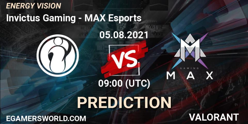 Prognose für das Spiel Invictus Gaming VS MAX Esports. 05.08.2021 at 09:00. VALORANT - ENERGY VISION