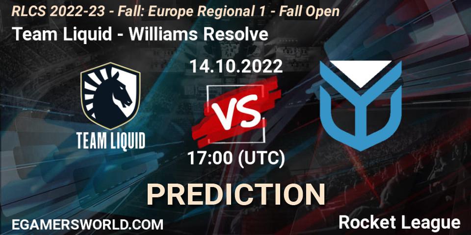 Prognose für das Spiel Team Liquid VS Williams Resolve. 14.10.2022 at 15:00. Rocket League - RLCS 2022-23 - Fall: Europe Regional 1 - Fall Open