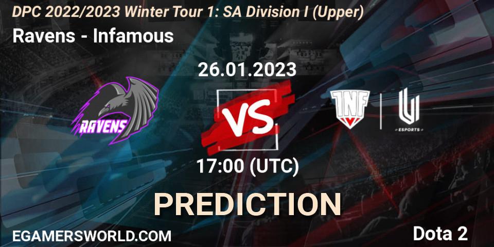 Prognose für das Spiel Ravens VS Infamous. 26.01.23. Dota 2 - DPC 2022/2023 Winter Tour 1: SA Division I (Upper) 