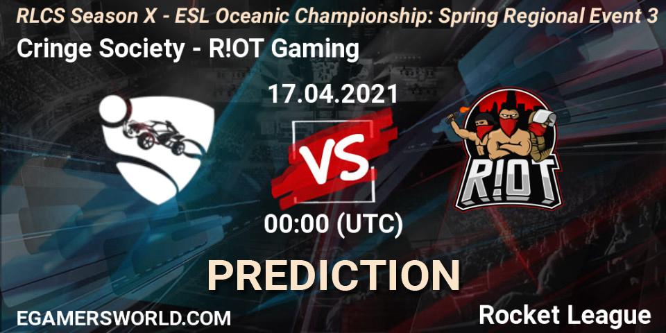 Prognose für das Spiel Cringe Society VS R!OT Gaming. 17.04.2021 at 00:00. Rocket League - RLCS Season X - ESL Oceanic Championship: Spring Regional Event 3