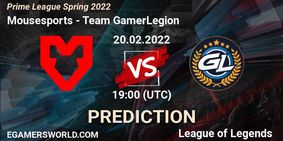 Prognose für das Spiel Mousesports VS Team GamerLegion. 20.02.2022 at 19:00. LoL - Prime League Spring 2022