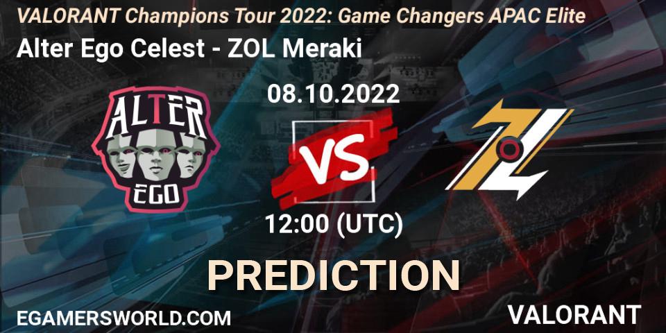 Prognose für das Spiel Alter Ego Celestè VS ZOL Meraki. 08.10.2022 at 12:30. VALORANT - VCT 2022: Game Changers APAC Elite